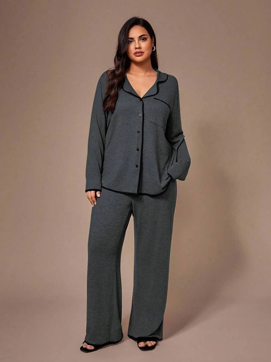 Lazeform Plus Size Burgundy Knit Pajama Set - Floral Mesh Contrast Button Front Lounge Set - Soft 2 Piece Maternity Sleepwear with Pockets
