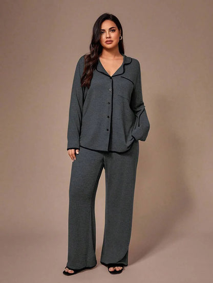 Lazeform Plus Size Burgundy Knit Pajama Set - Floral Mesh Contrast Button Front Lounge Set - Soft 2 Piece Maternity Sleepwear with Pockets