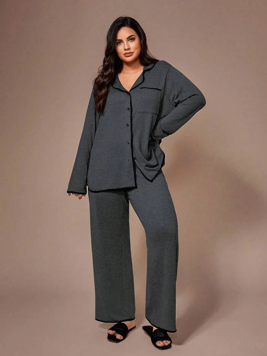Lazeform Plus Size Burgundy Knit Pajama Set - Floral Mesh Contrast Button Front Lounge Set - Soft 2 Piece Maternity Sleepwear with Pockets
