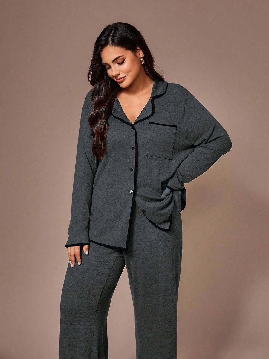 Lazeform Plus Size Burgundy Knit Pajama Set - Floral Mesh Contrast Button Front Lounge Set - Soft 2 Piece Maternity Sleepwear with Pockets