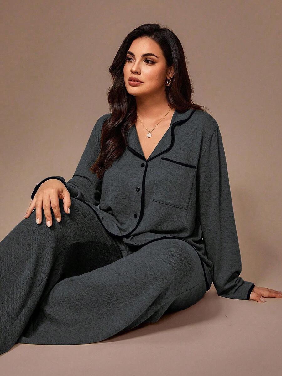 Lazeform Plus Size Burgundy Knit Pajama Set - Floral Mesh Contrast Button Front Lounge Set - Soft 2 Piece Maternity Sleepwear with Pockets
