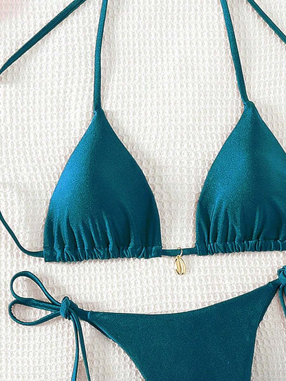 Swim Chiccia Women Spring Break Summer Beach Solid Color Halter Tie Sexy Bikini Swimsuit Set