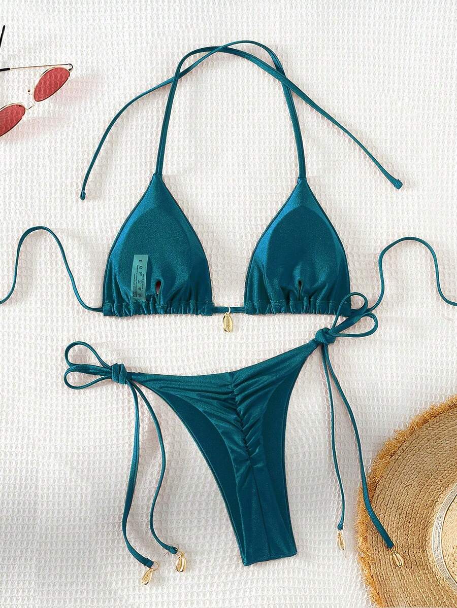 Swim Chiccia Women Spring Break Summer Beach Solid Color Halter Tie Sexy Bikini Swimsuit Set