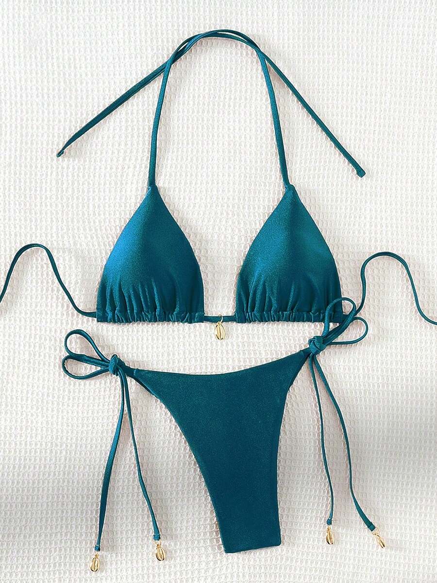 Swim Chiccia Women Spring Break Summer Beach Solid Color Halter Tie Sexy Bikini Swimsuit Set