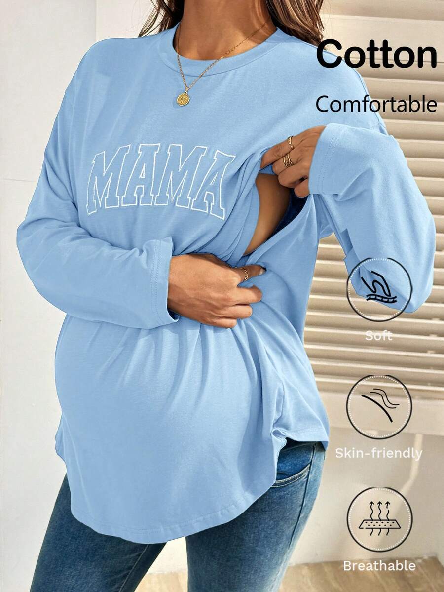 Black Cotton Mama Letter Nursing Sweatshirt Loose Fit Round Neck Long Sleeve Breastfeeding Top for New Moms Casual Maternity Streetwear