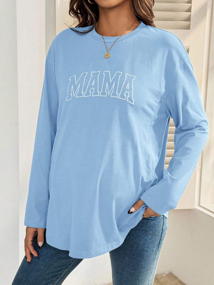 Black Cotton Mama Letter Nursing Sweatshirt Loose Fit Round Neck Long Sleeve Breastfeeding Top for New Moms Casual Maternity Streetwear