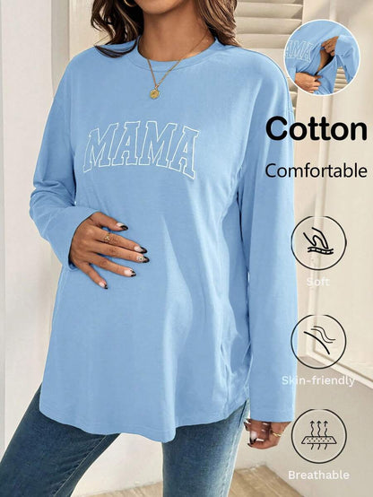 Black Cotton Mama Letter Nursing Sweatshirt Loose Fit Round Neck Long Sleeve Breastfeeding Top for New Moms Casual Maternity Streetwear