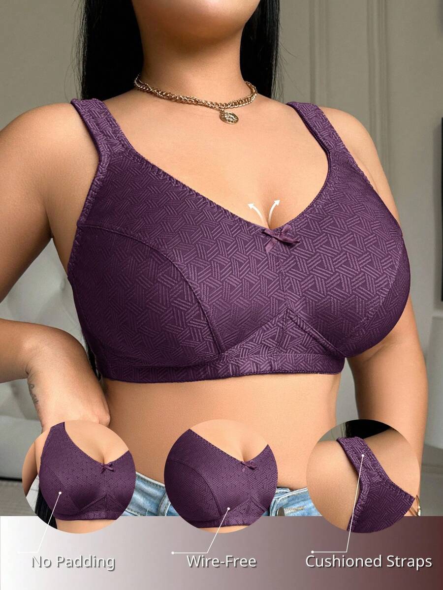 Plus Size Women's Jacquard Wireless Bra - Soft Sponge Adjustable Strap Bralette