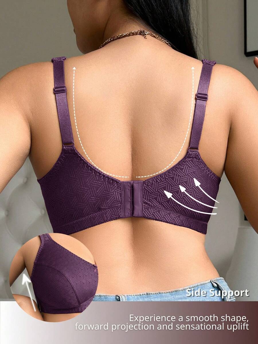 Plus Size Women's Jacquard Wireless Bra - Soft Sponge Adjustable Strap Bralette