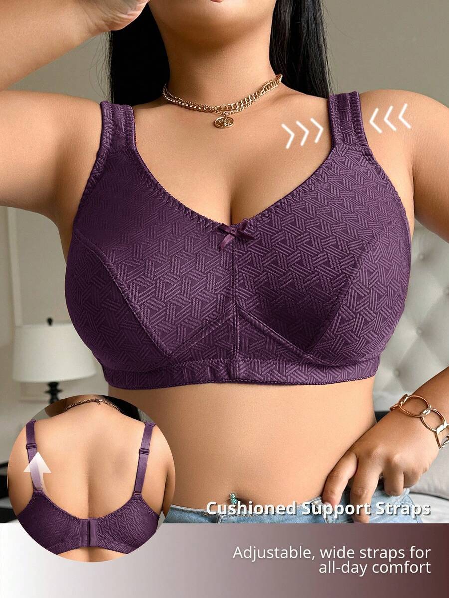 Plus Size Women's Jacquard Wireless Bra - Soft Sponge Adjustable Strap Bralette