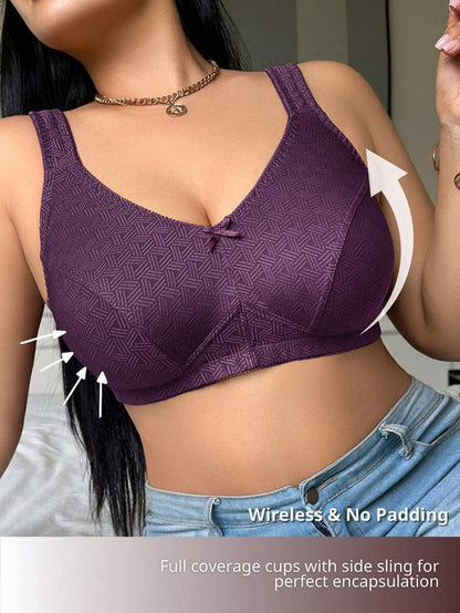 Plus Size Women's Jacquard Wireless Bra - Soft Sponge Adjustable Strap Bralette