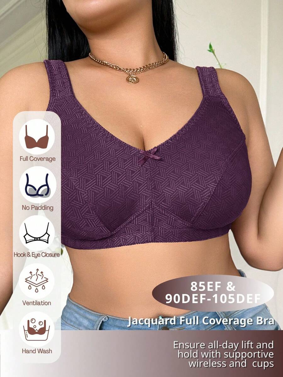 Plus Size Women's Jacquard Wireless Bra - Soft Sponge Adjustable Strap Bralette