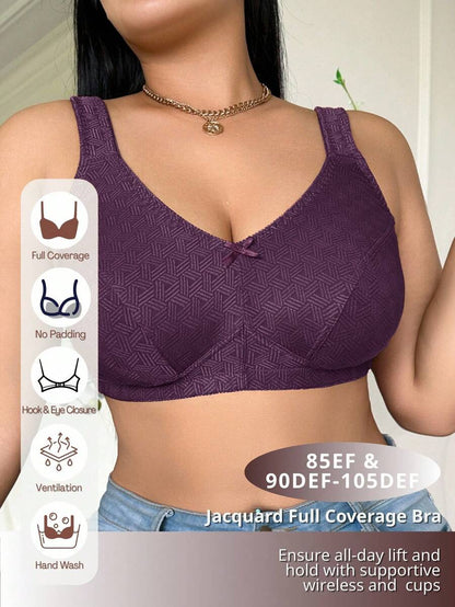 Plus Size Women's Jacquard Wireless Bra - Soft Sponge Adjustable Strap Bralette
