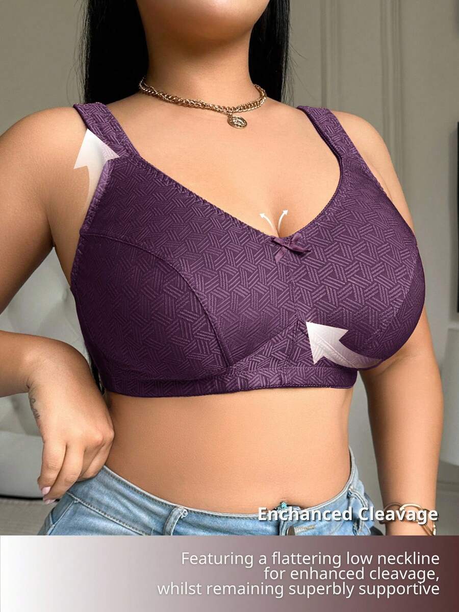 Plus Size Women's Jacquard Wireless Bra - Soft Sponge Adjustable Strap Bralette