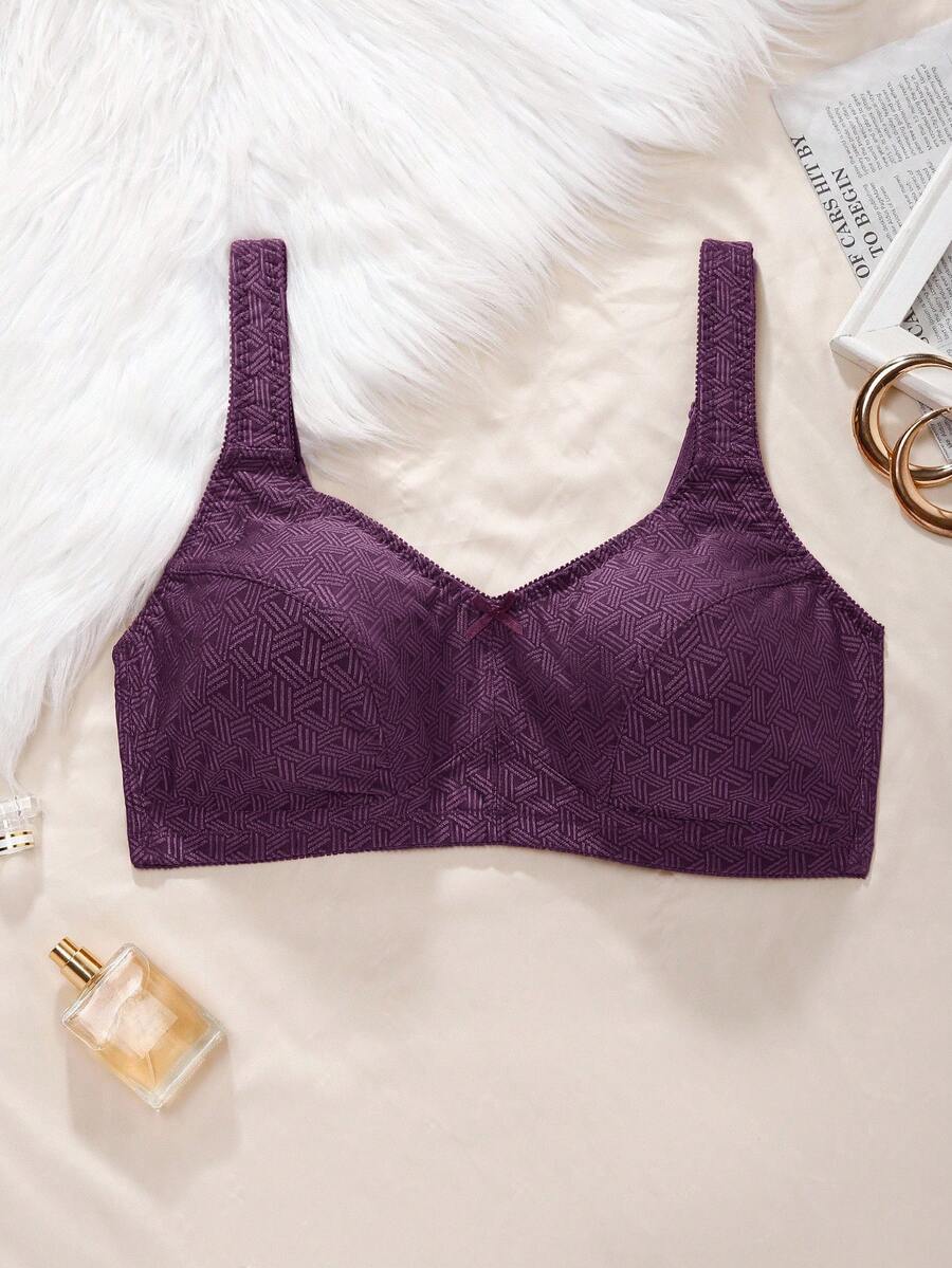 Plus Size Women's Jacquard Wireless Bra - Soft Sponge Adjustable Strap Bralette