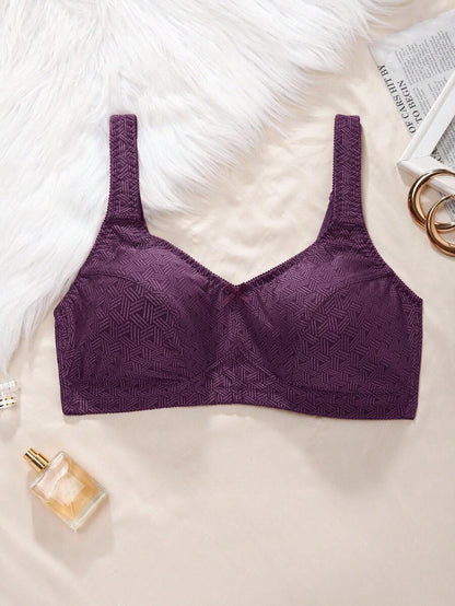 Plus Size Women's Jacquard Wireless Bra - Soft Sponge Adjustable Strap Bralette