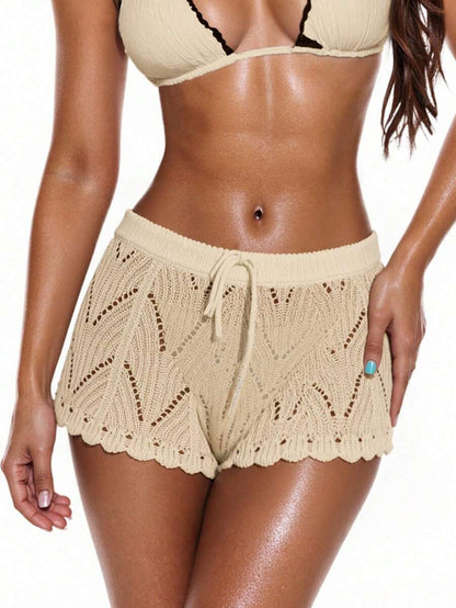 Swim Vcay Summer Beach Hollow Out Drawstring Waist Cover Up Shorts