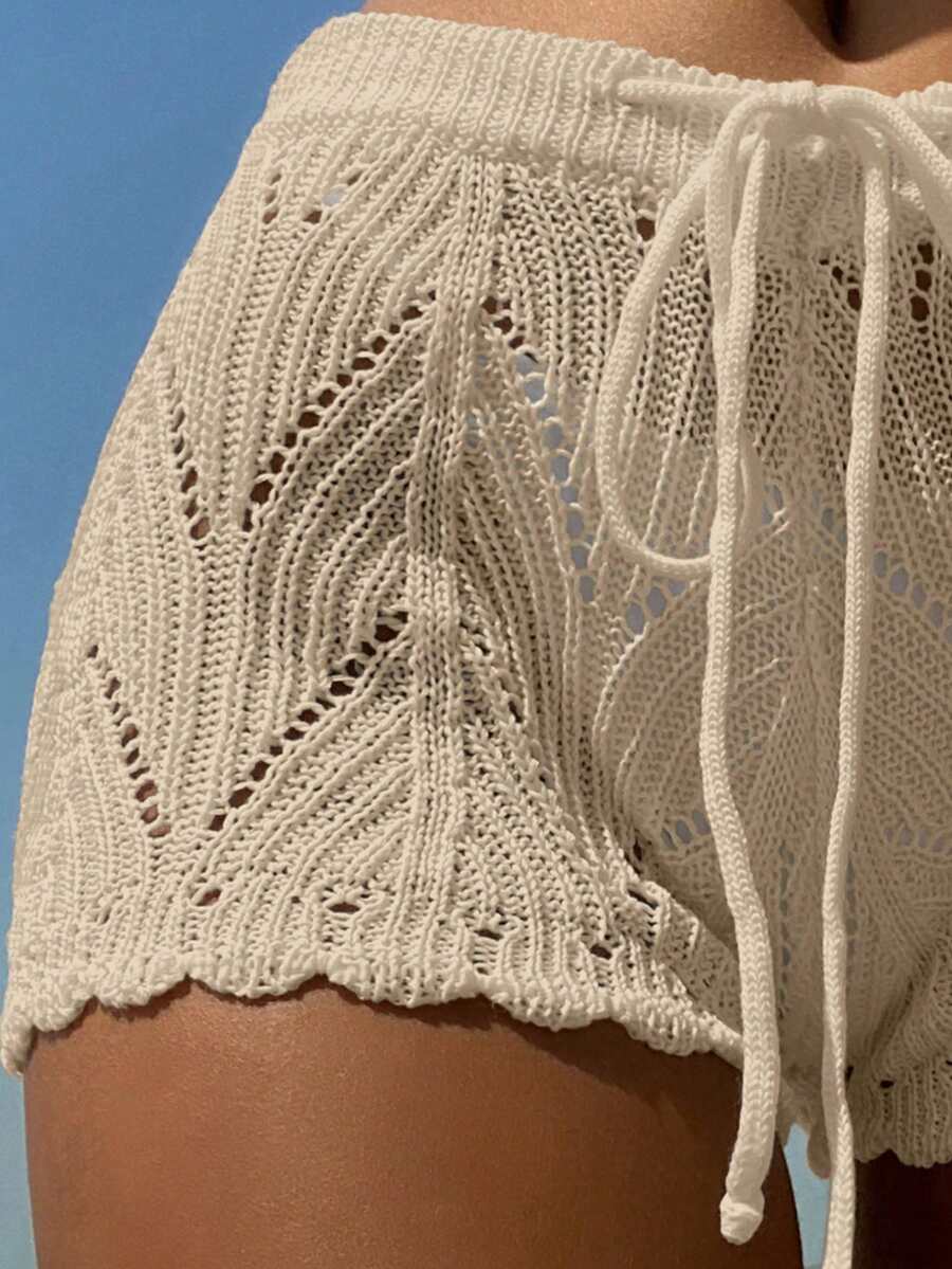 Swim Vcay Summer Beach Hollow Out Drawstring Waist Cover Up Shorts