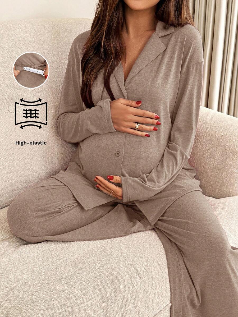 Green Maternity 2-Piece Lounge Set - V-Neck Long Sleeve Top and Pants Pajama Set - Soft Casual Maternity Sleepwear for Spring and Fall