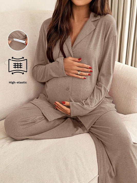 Khaki 2 Piece Maternity Loungewear Set - V-Neck Button Front Long Sleeve Top and Pants - Casual Loose Fit Maternity Sleepwear Suit