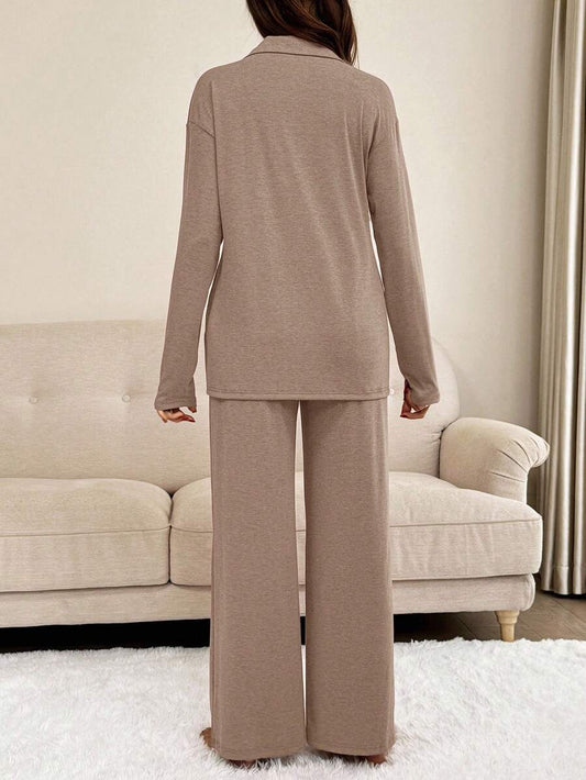 Khaki 2 Piece Maternity Loungewear Set - V-Neck Button Front Long Sleeve Top and Pants - Casual Loose Fit Maternity Sleepwear Suit
