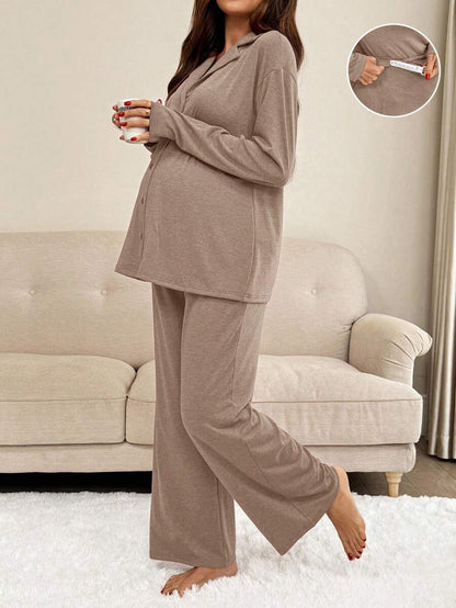 Khaki 2 Piece Maternity Loungewear Set - V-Neck Button Front Long Sleeve Top and Pants - Casual Loose Fit Maternity Sleepwear Suit