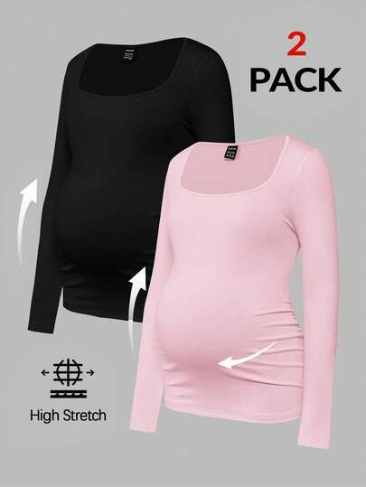 Maternity Ruched Square Neck Long Sleeve T-Shirt - Slim Fit High Stretch Knitted Pregnancy Top - Versatile Plain Daily Maternity Tee