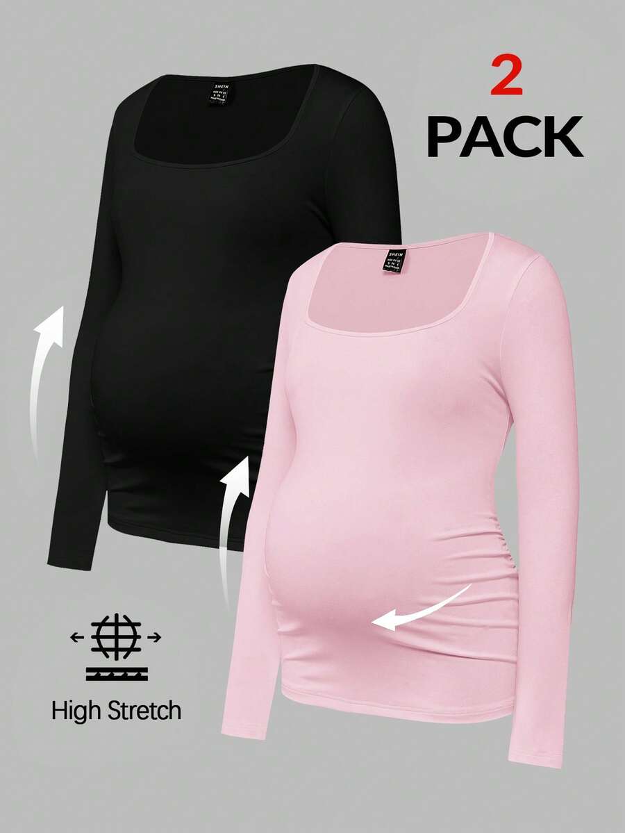 Maternity Ruched Square Neck Long Sleeve T-Shirt - Slim Fit High Stretch Knitted Pregnancy Top - Versatile Plain Daily Maternity Tee
