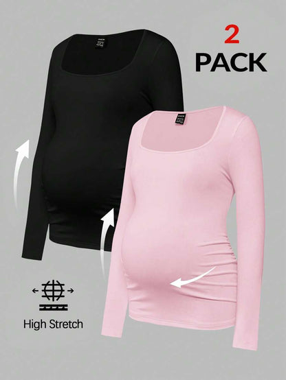 Maternity Ruched Square Neck Long Sleeve T-Shirt - Slim Fit High Stretch Knitted Pregnancy Top - Versatile Plain Daily Maternity Tee