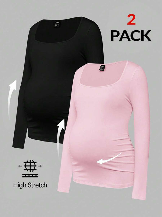 Maternity Ruched Square Neck Long Sleeve T-Shirt - Slim Fit High Stretch Knitted Pregnancy Top - Versatile Plain Daily Maternity Tee