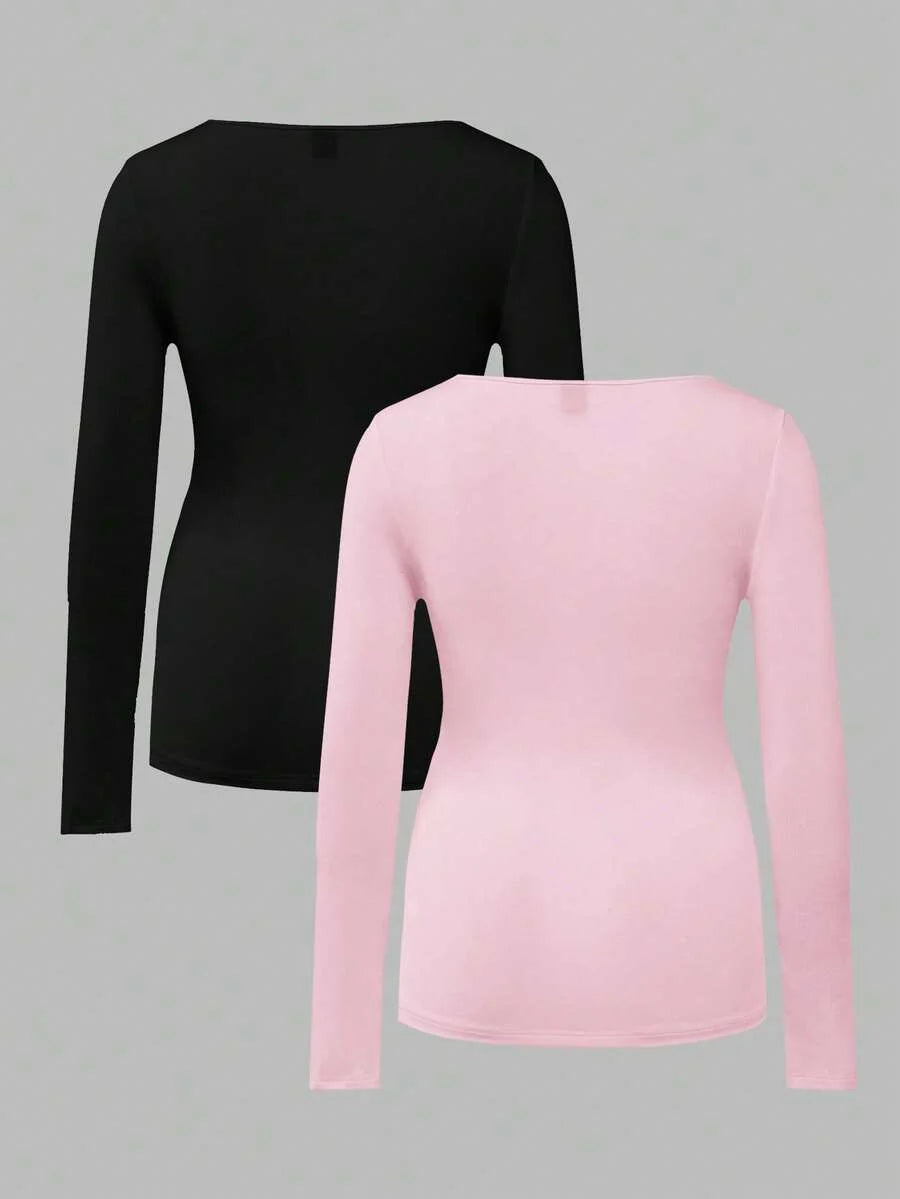 Maternity Ruched Square Neck Long Sleeve T-Shirt - Slim Fit High Stretch Knitted Pregnancy Top - Versatile Plain Daily Maternity Tee