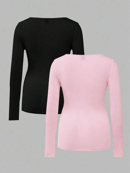 Maternity Ruched Square Neck Long Sleeve T-Shirt - Slim Fit High Stretch Knitted Pregnancy Top - Versatile Plain Daily Maternity Tee