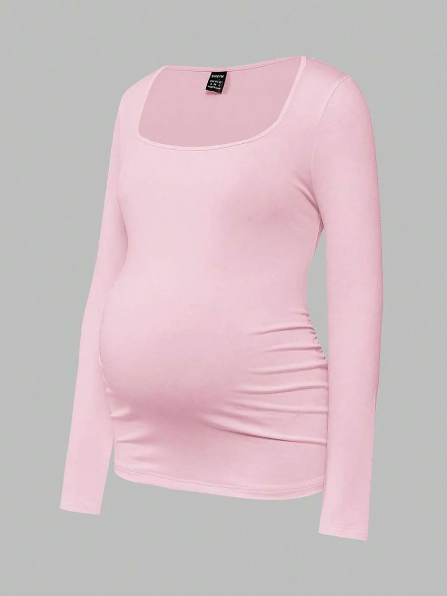 Maternity Ruched Square Neck Long Sleeve T-Shirt - Slim Fit High Stretch Knitted Pregnancy Top - Versatile Plain Daily Maternity Tee