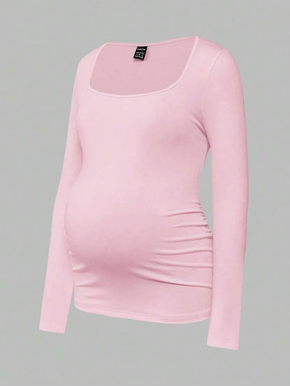 Maternity Ruched Square Neck Long Sleeve T-Shirt - Slim Fit High Stretch Knitted Pregnancy Top - Versatile Plain Daily Maternity Tee