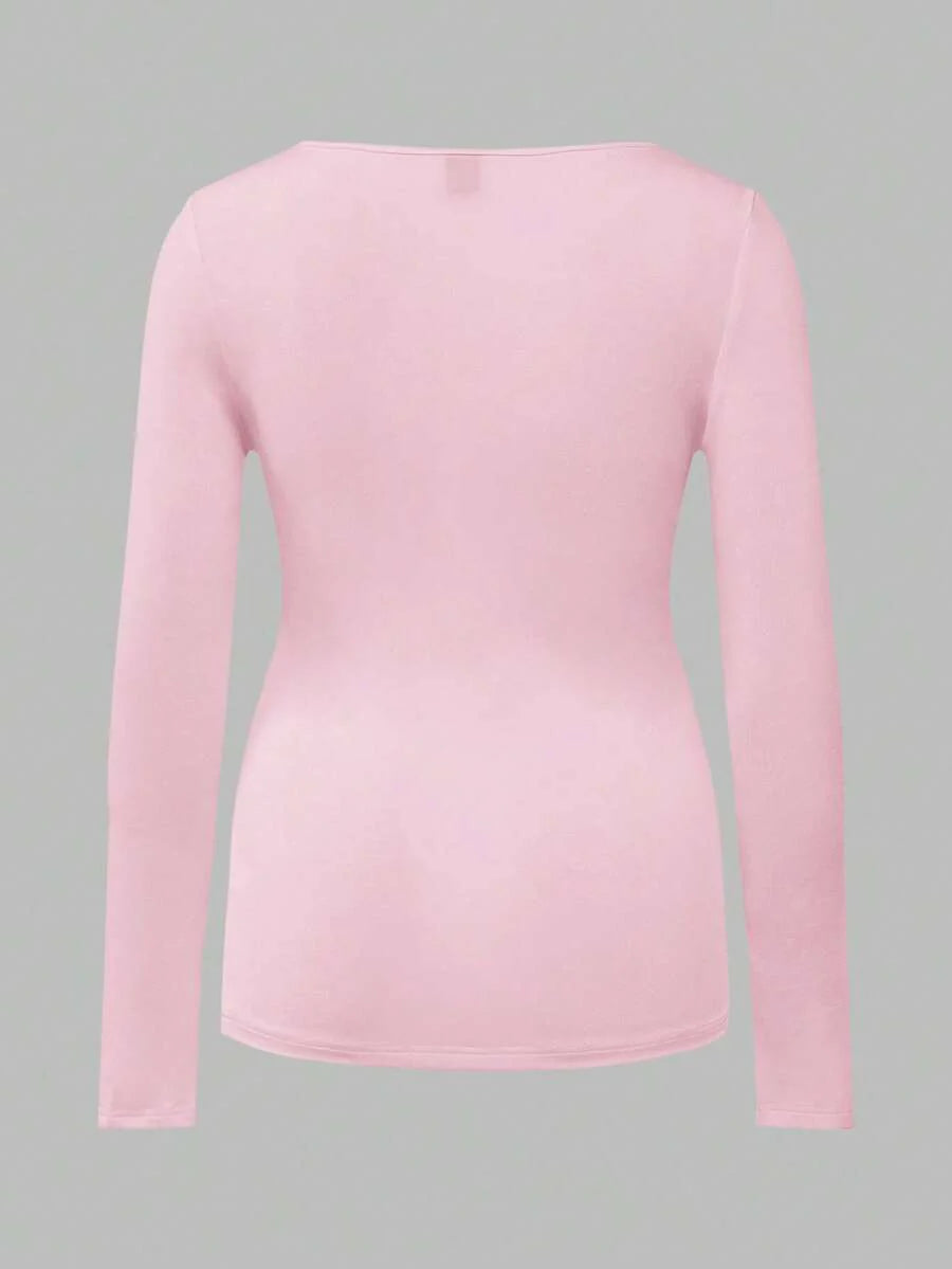 Maternity Ruched Square Neck Long Sleeve T-Shirt - Slim Fit High Stretch Knitted Pregnancy Top - Versatile Plain Daily Maternity Tee
