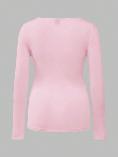 Maternity Ruched Square Neck Long Sleeve T-Shirt - Slim Fit High Stretch Knitted Pregnancy Top - Versatile Plain Daily Maternity Tee