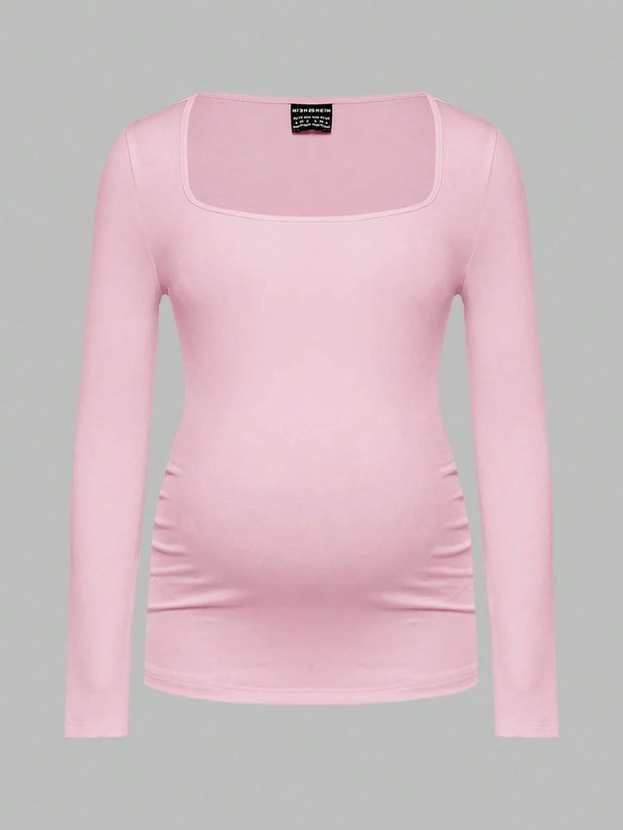 Maternity Ruched Square Neck Long Sleeve T-Shirt - Slim Fit High Stretch Knitted Pregnancy Top - Versatile Plain Daily Maternity Tee