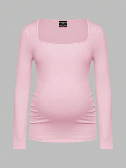Maternity Ruched Square Neck Long Sleeve T-Shirt - Slim Fit High Stretch Knitted Pregnancy Top - Versatile Plain Daily Maternity Tee