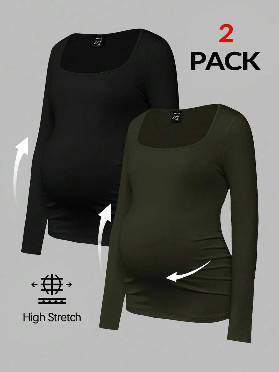 Maternity Ruched Square Neck Long Sleeve T-Shirt - Slim Fit High Stretch Knitted Pregnancy Top - Versatile Plain Daily Maternity Tee