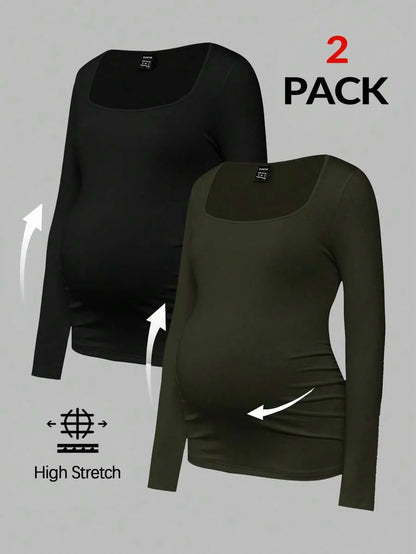 Maternity Ruched Square Neck Long Sleeve T-Shirt - Slim Fit High Stretch Knitted Pregnancy Top - Versatile Plain Daily Maternity Tee