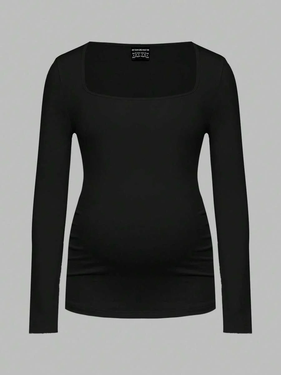 Maternity Ruched Square Neck Long Sleeve T-Shirt - Slim Fit High Stretch Knitted Pregnancy Top - Versatile Plain Daily Maternity Tee