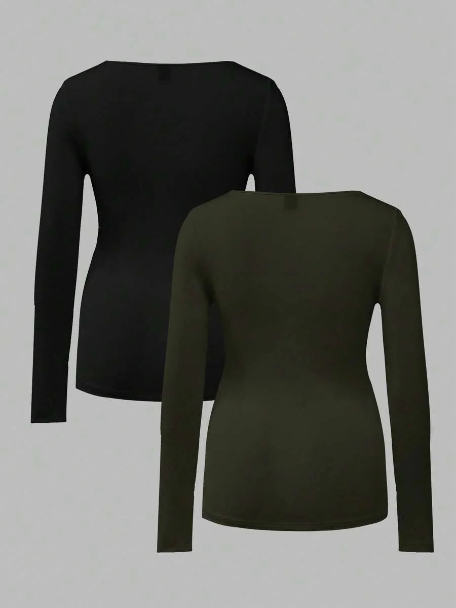 Maternity Ruched Square Neck Long Sleeve T-Shirt - Slim Fit High Stretch Knitted Pregnancy Top - Versatile Plain Daily Maternity Tee