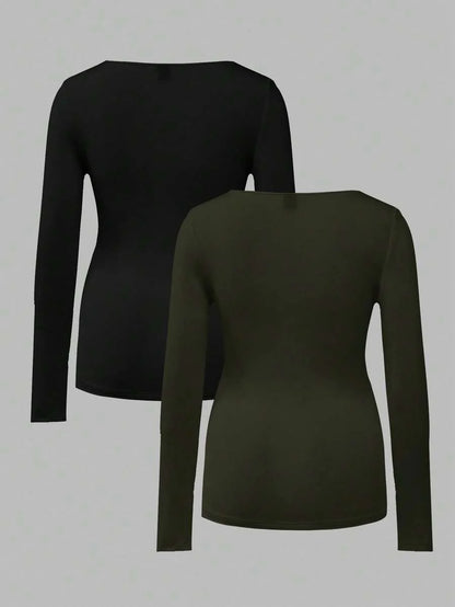Maternity Ruched Square Neck Long Sleeve T-Shirt - Slim Fit High Stretch Knitted Pregnancy Top - Versatile Plain Daily Maternity Tee