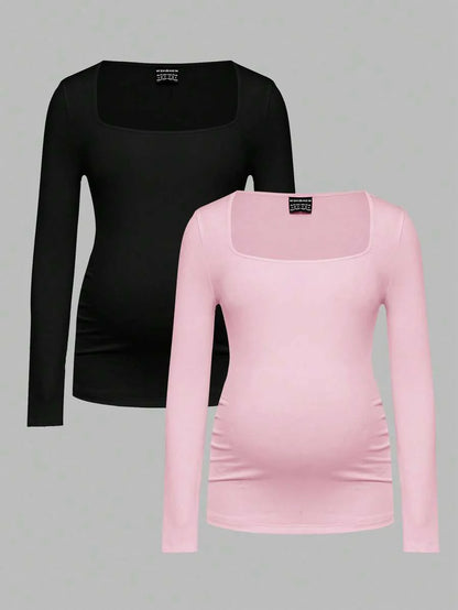 Maternity Ruched Square Neck Long Sleeve T-Shirt - Slim Fit High Stretch Knitted Pregnancy Top - Versatile Plain Daily Maternity Tee