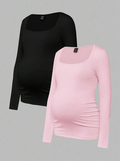 Maternity Ruched Square Neck Long Sleeve T-Shirt - Slim Fit High Stretch Knitted Pregnancy Top - Versatile Plain Daily Maternity Tee