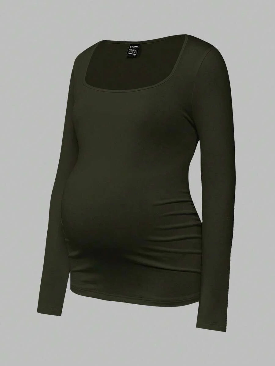 Maternity Ruched Square Neck Long Sleeve T-Shirt - Slim Fit High Stretch Knitted Pregnancy Top - Versatile Plain Daily Maternity Tee