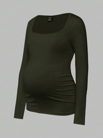 Maternity Ruched Square Neck Long Sleeve T-Shirt - Slim Fit High Stretch Knitted Pregnancy Top - Versatile Plain Daily Maternity Tee