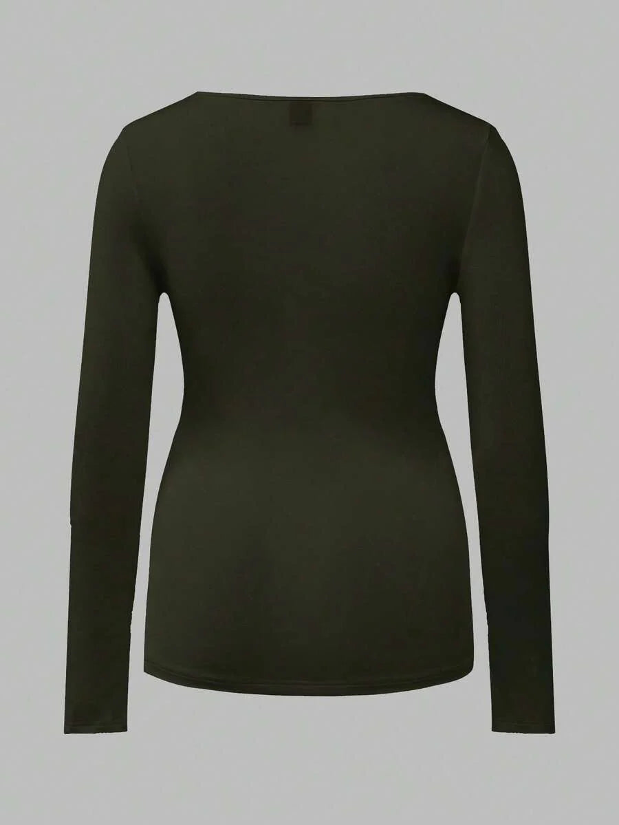 Maternity Ruched Square Neck Long Sleeve T-Shirt - Slim Fit High Stretch Knitted Pregnancy Top - Versatile Plain Daily Maternity Tee