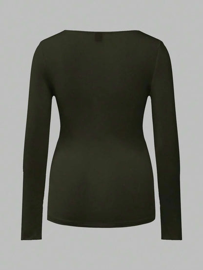 Maternity Ruched Square Neck Long Sleeve T-Shirt - Slim Fit High Stretch Knitted Pregnancy Top - Versatile Plain Daily Maternity Tee