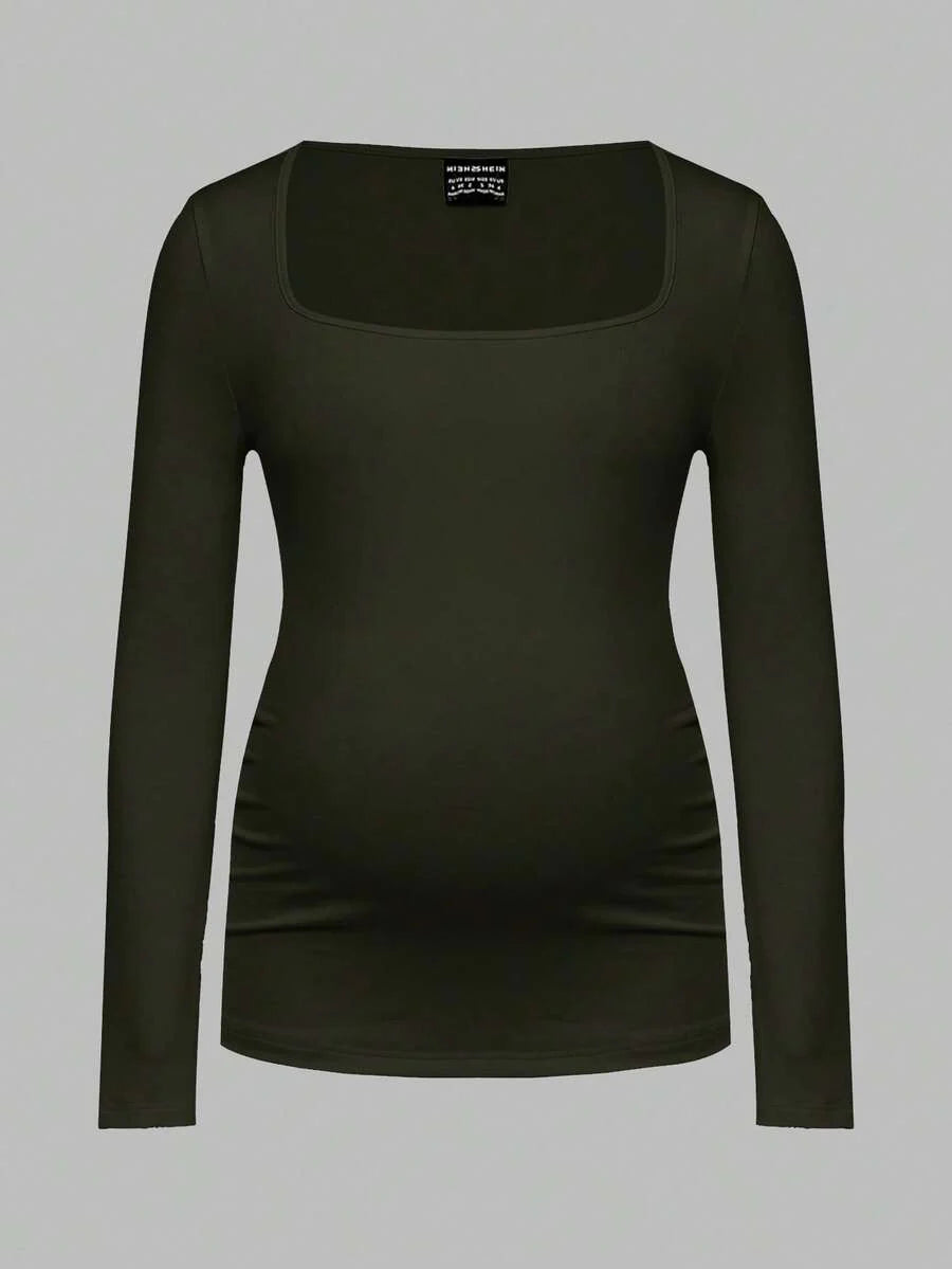 Maternity Ruched Square Neck Long Sleeve T-Shirt - Slim Fit High Stretch Knitted Pregnancy Top - Versatile Plain Daily Maternity Tee